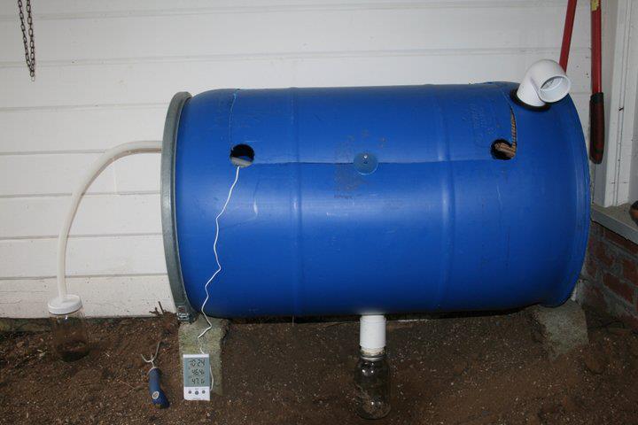 Plastic 55-gallon barrel used as a black soldier fly bin